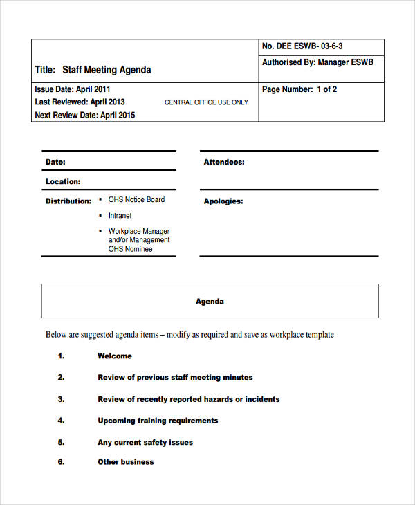 staff meeting agenda format