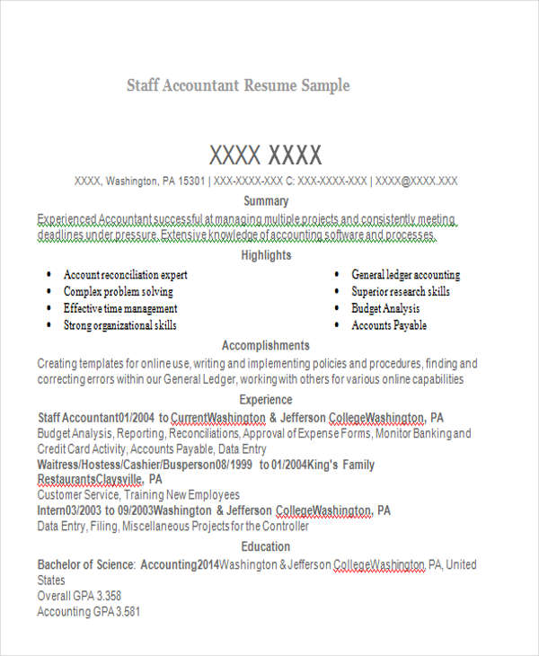 staff accountant resume sample