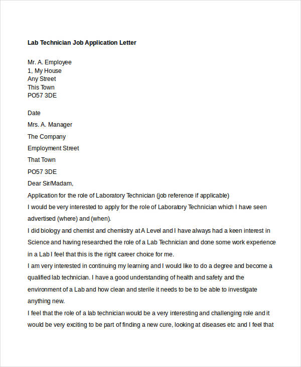 lab technician job application letter