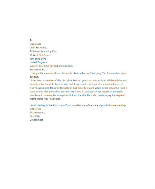 Letter Of Recommendation For Club Membership Example