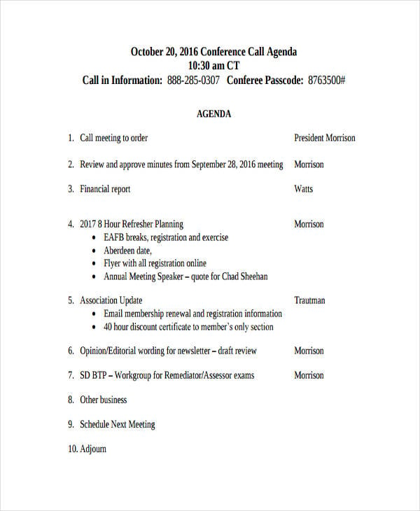 conference call agenda format