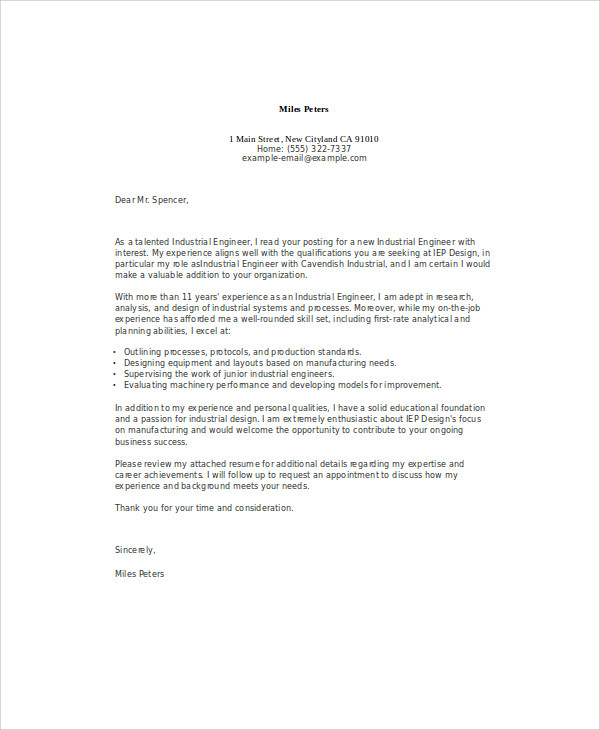 application letter for industrial engineer