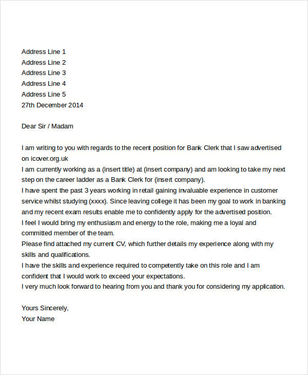 bank clerk job application letter
