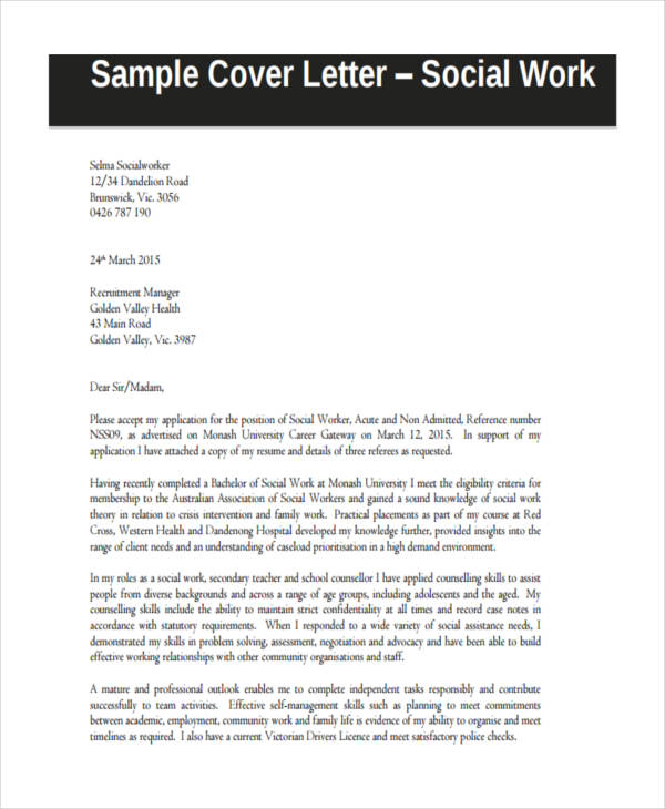 Social Work Cover Letter Example Database Letter Template Collection