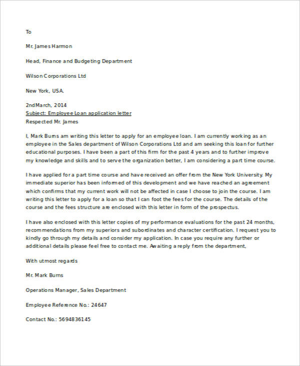 employee loan application letter