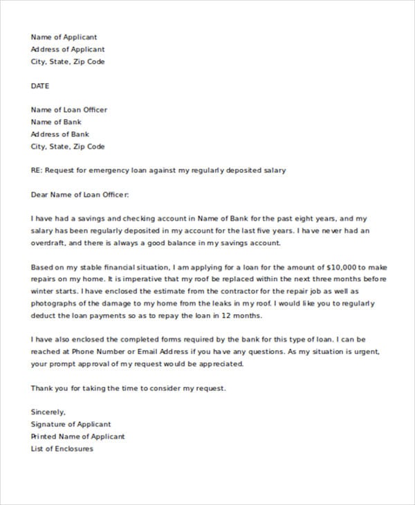 a sample of application letter for loan