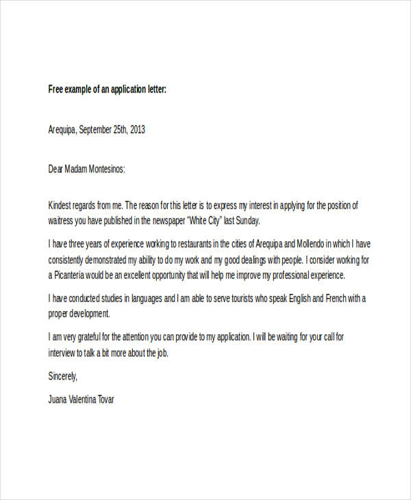 application letter for eatery work