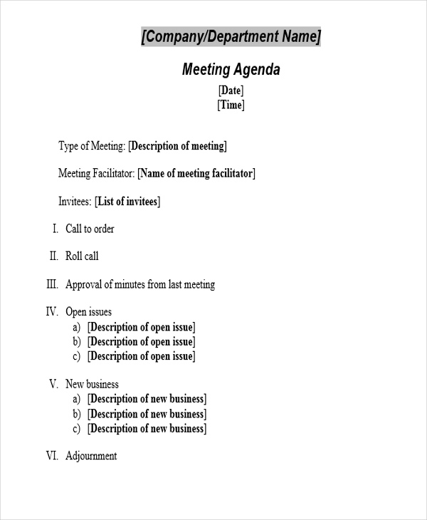 formal meeting agenda template