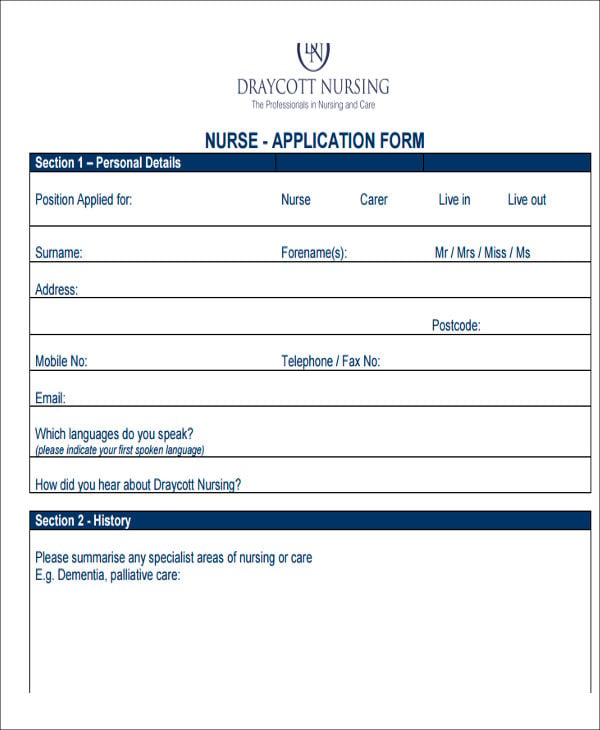 printable nursing job application