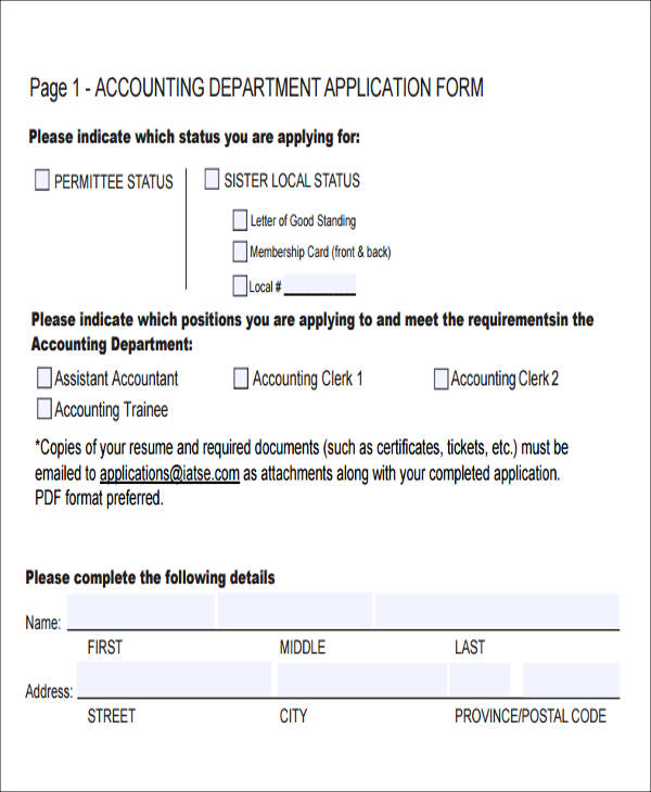 accounting job application form sample