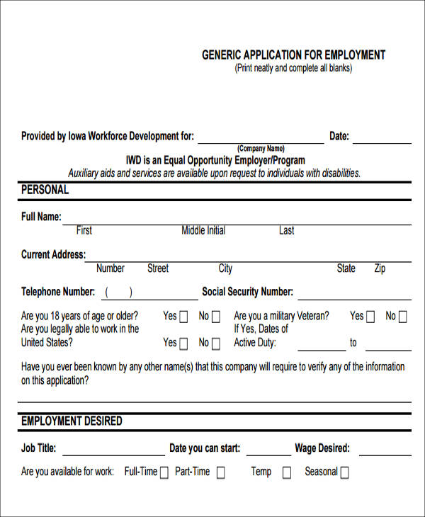 generic printable job application form