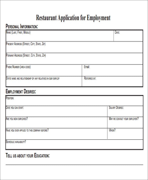 sample job application form for restaurant