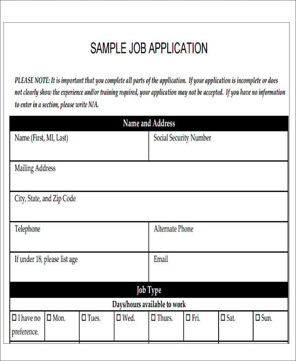 sample job application form in pdf