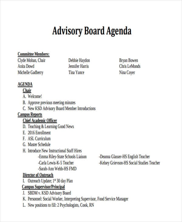 advisory board agenda