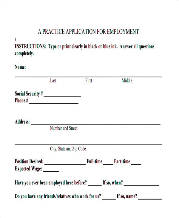 blank job application form printable