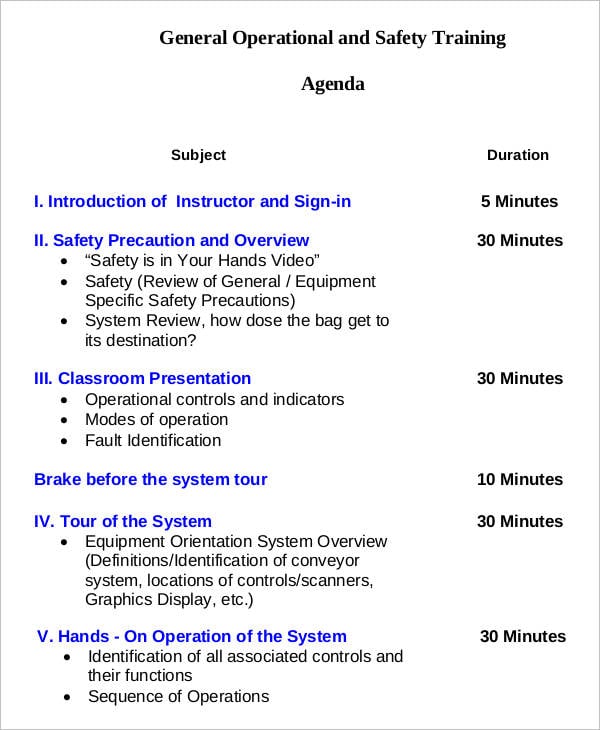 general operational and safety training agenda template