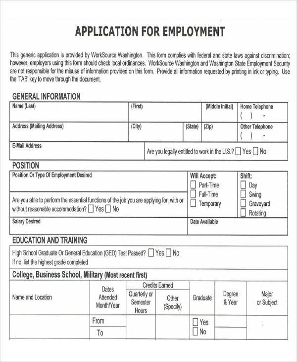 generic job application form template
