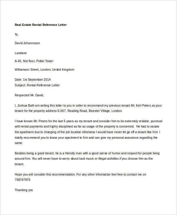 Character Reference Letter For Rental Property