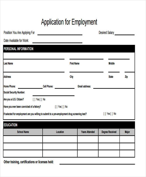 Free simple job application forms