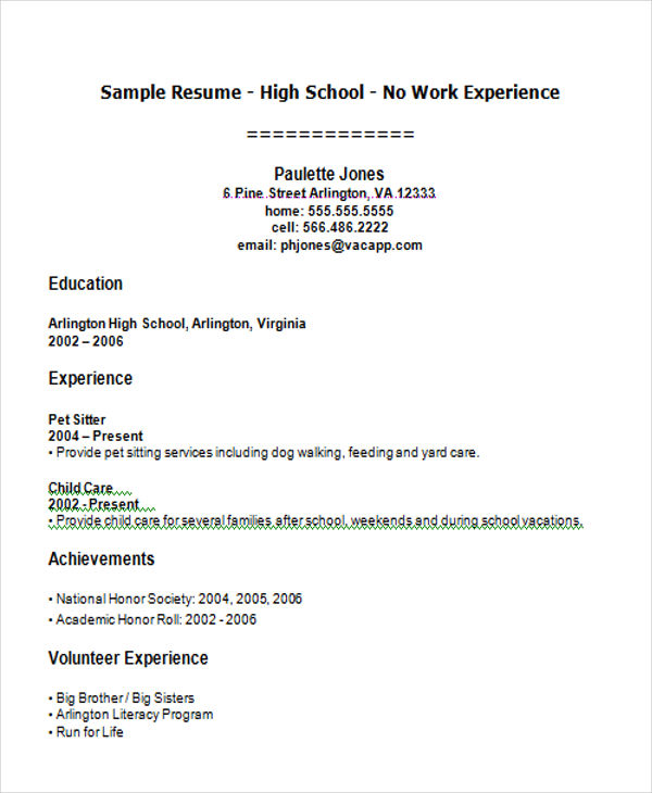 high school student first job resume