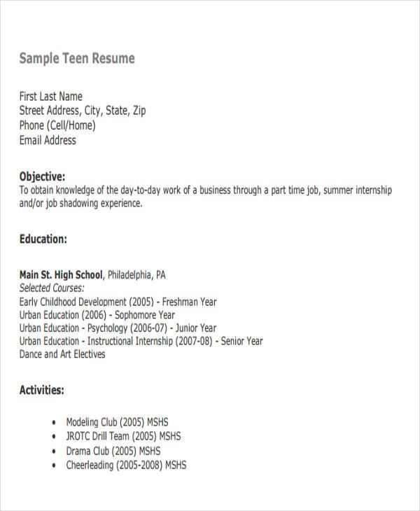 teenager first job resume