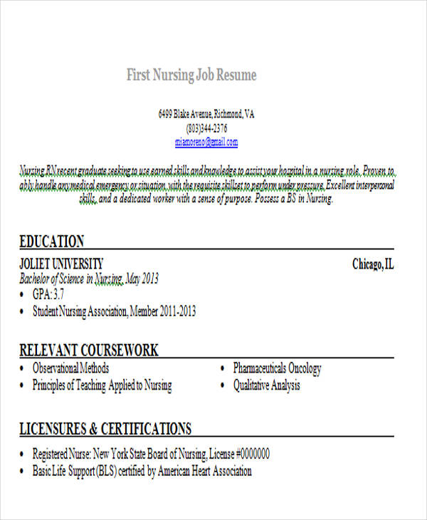 first nursing job resume