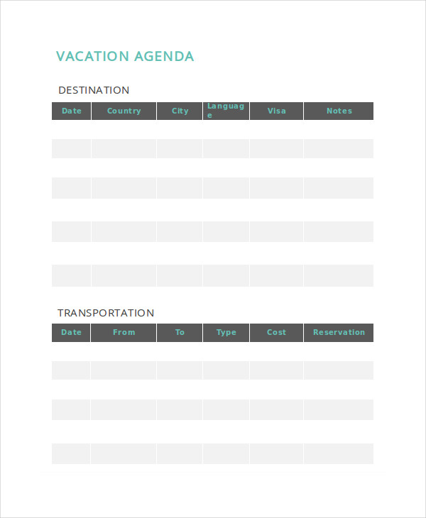 vacation agenda template