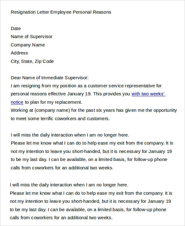 15+ Sample Personal Resignation Letters - Free Sample, Example Format ...