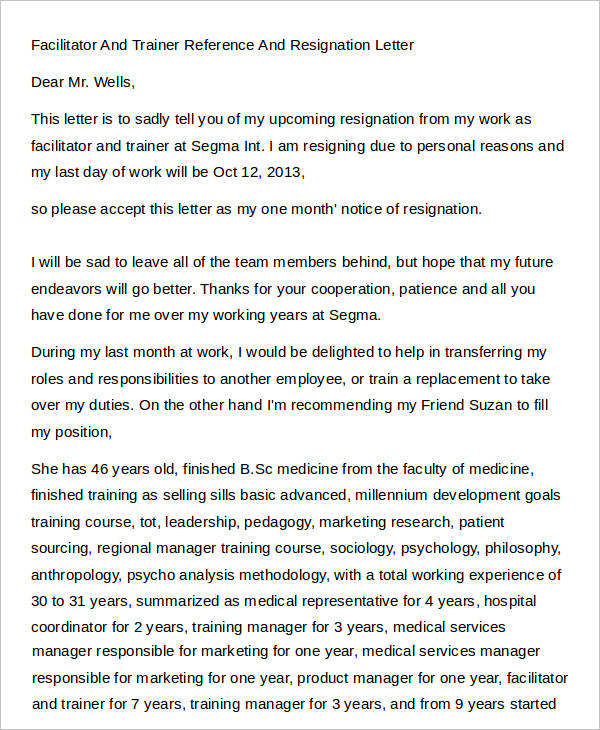 facilitator and personal trainer reference and resignation letter