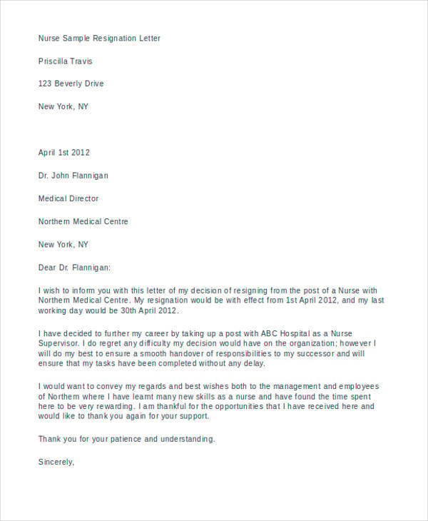 personal nurse resignation letter