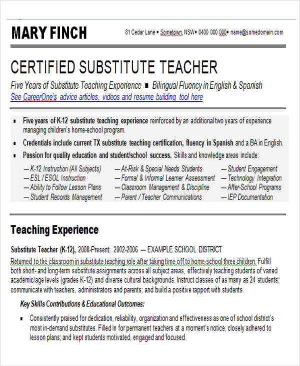 Substitute Teacher Resume Sample