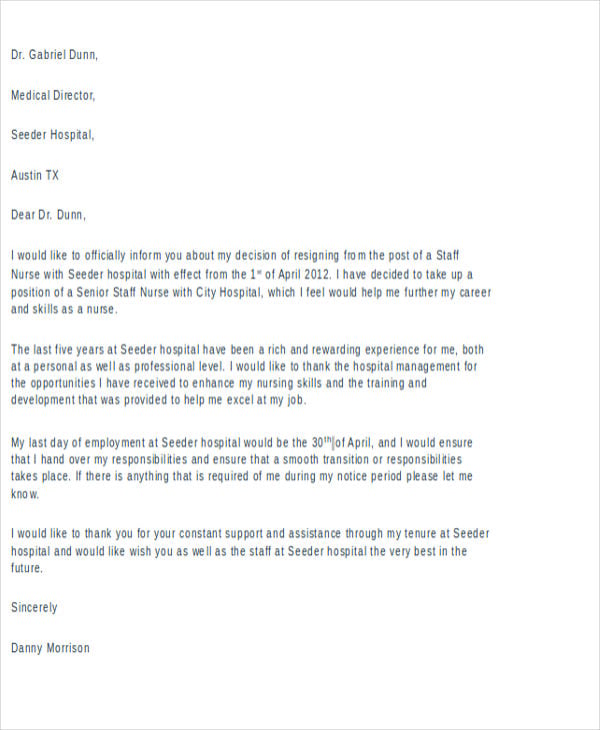 Nursing Resignation Letter Examples from images.template.net