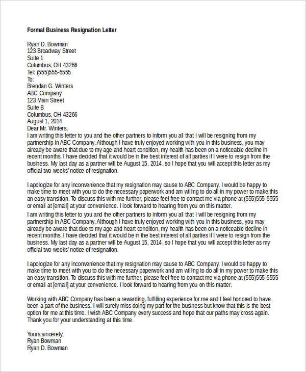 formal business resignation letter