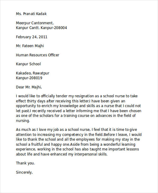 school nurse resignation letter