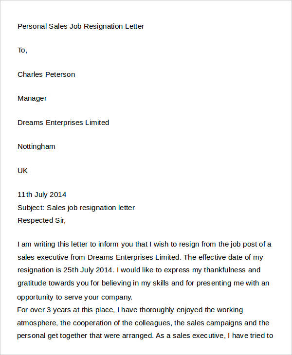 personal sales job resignation letter