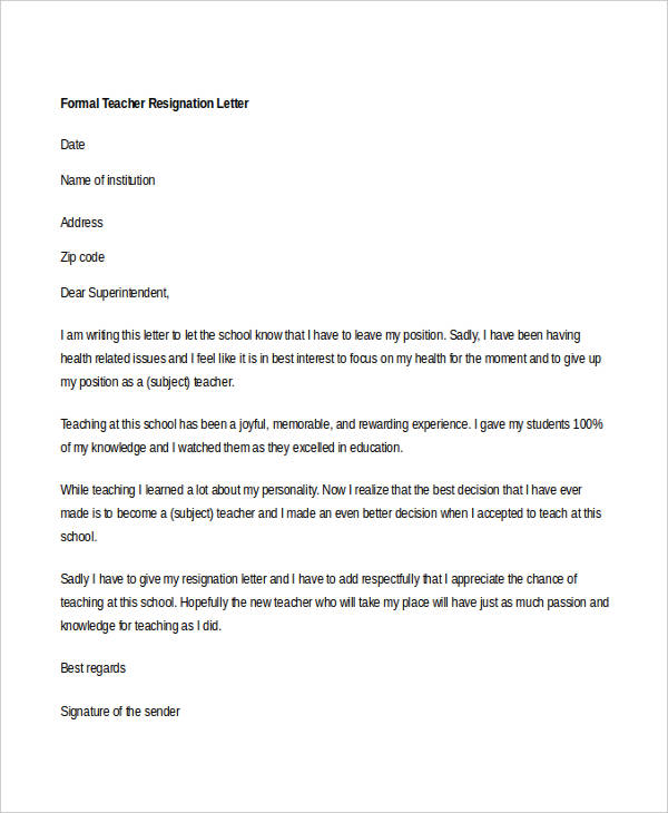 formal teacher resignation letter