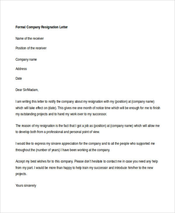 formal company resignation letter