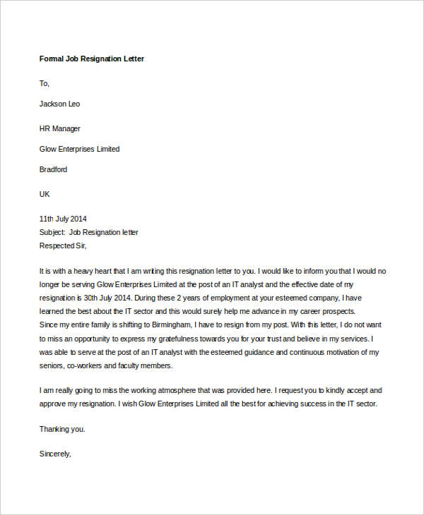 19+ Formal Resignation Letters - Free Sample, Example Format Download