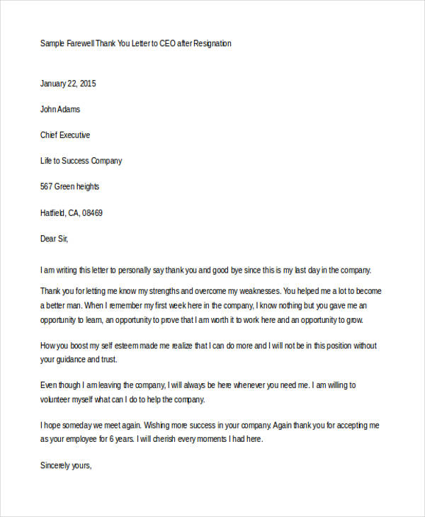 thank you letter to ceo after resignation