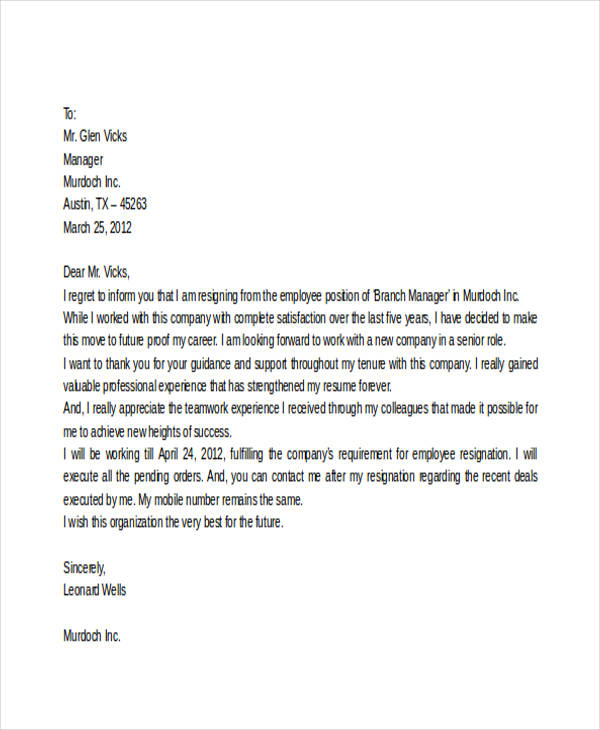 thank you letter to employee after resignation