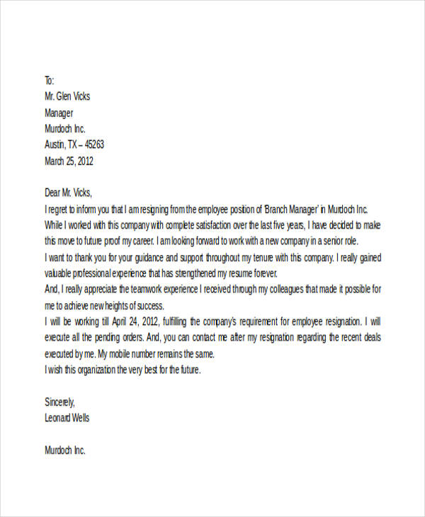 Thank You Letter To Employee After Resignation