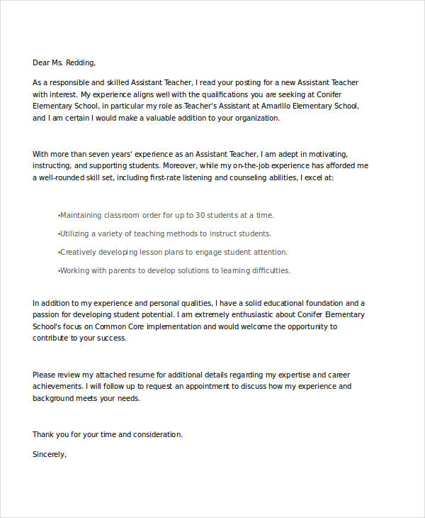 short application letter for assistant teacher