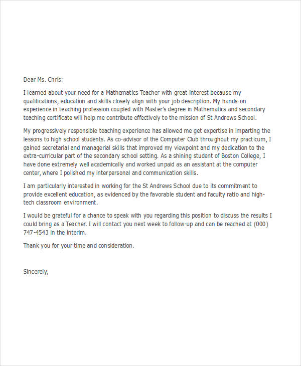 Application Letter Sample For A Teacher Teacher Cover Letter Example