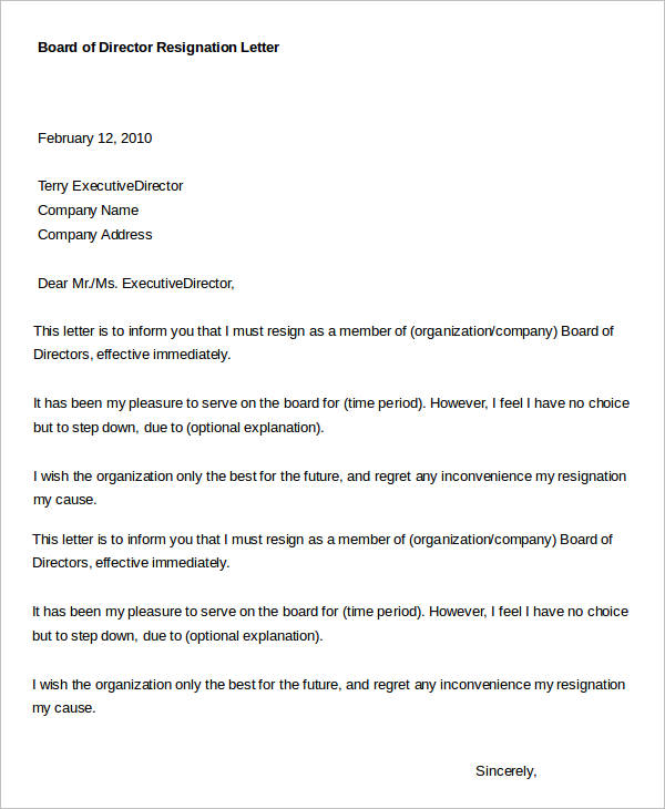 board of director resignation letter