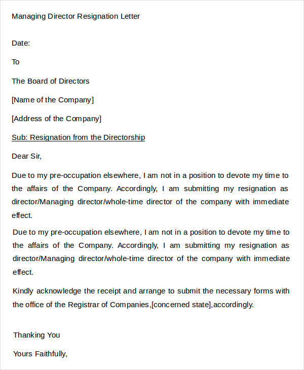 managing director resignation letter