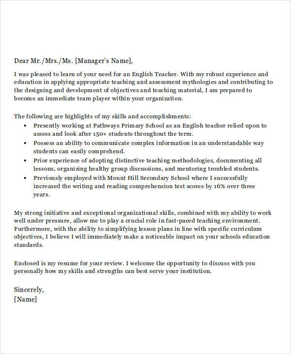 6+ Job Application Letters For Teacher - Free Sample ...