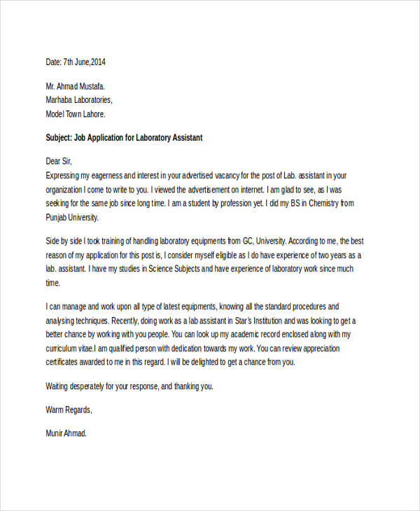 job application letter for lab assistant