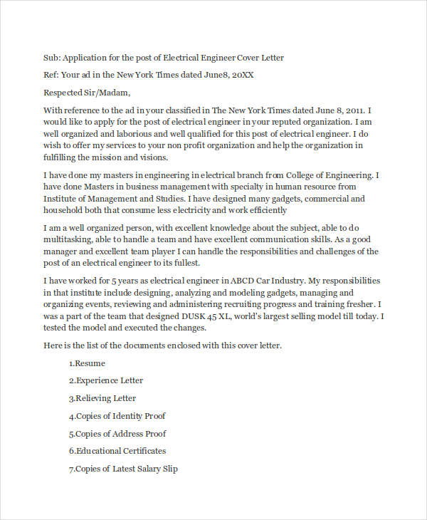 cover letter for job application for engineer