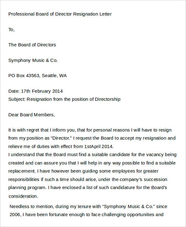 professional board of director resignation letter