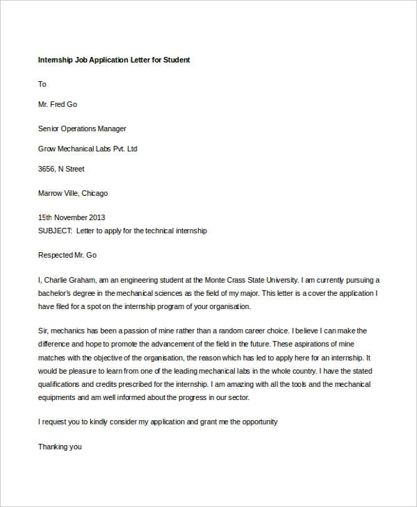 application letter working student